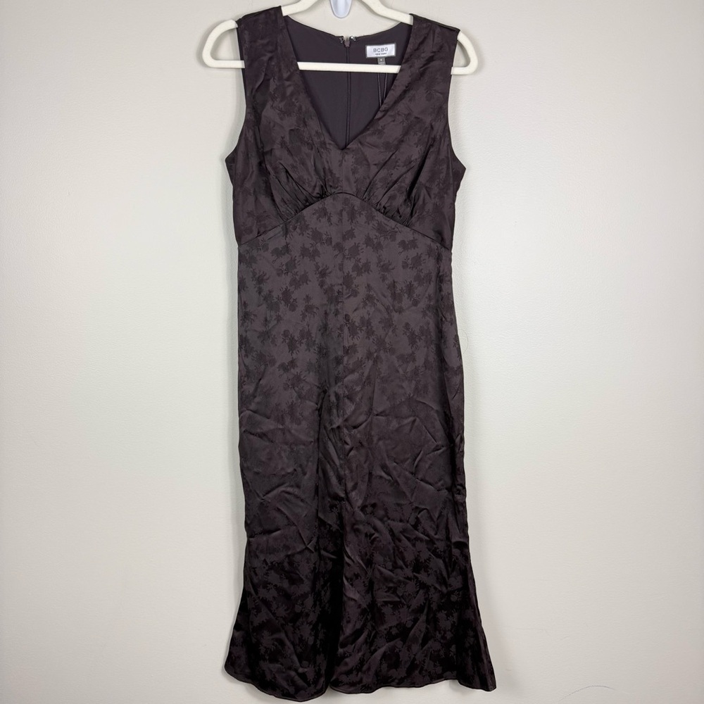 BCBG New York Midi Dress Womens 8 Brown Floral Y2K Jacquard Babydoll V-Neck